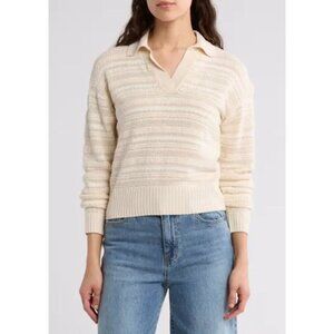 NWT HABITUAL Johnny Collar Cotton Stripe Sweater Ivory Birch XL